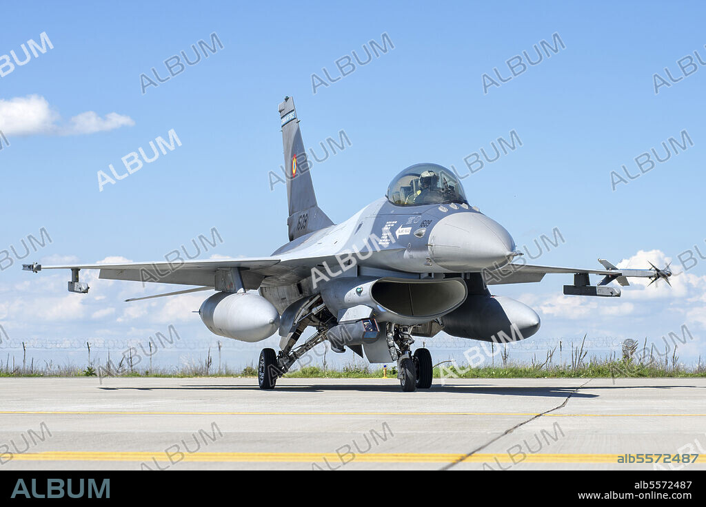 Romanian Air Force F-16AM Fighting Falcon, improved to mid-life upgrade (MLU) 5.2R standard, seen on the ramp at 86th Air Base, Borcea, Romania, home of the 53rd Fighter Squadron.