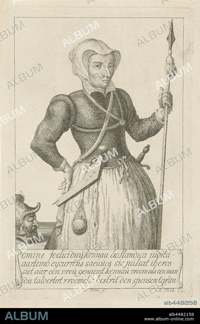 Portrait of Kenau Simonsdochter Hasselaar, Portrait halfway, to the right, of Kenau Simonsdochter Hasselaar. In her right hand she carries a spear. On the left the sheet of a table on which the head of a Spaniard lies. Below the image is a four-line text., Historical persons - BB - woman, Kenau Simonsdochter Hasselaer, Simon Fokke (mentioned on object), Amsterdam, 1722 - 1784, paper, engraving, h 179 mm × w 113 mm.