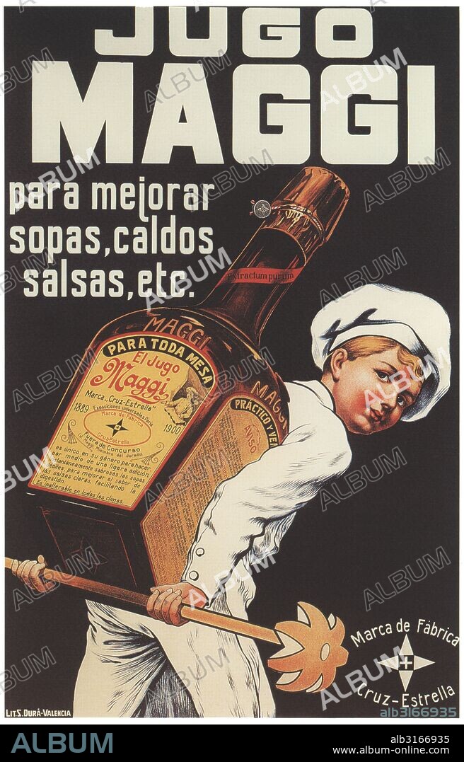 Publicidad. Jugo Maggi, producto alimenticio. Cartel de 1933. Facsímil de 1960.