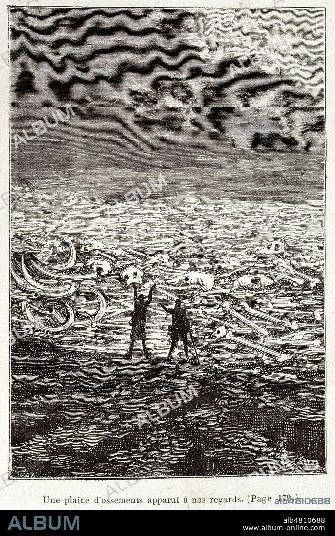' Une plaine d'ossements apparue a nos regards' gravure du Voyage au centre de la terre de Jules VERNE (1828-1905), Editions Hetzel. Credit : Collection KHARBINE-TAPABOR.