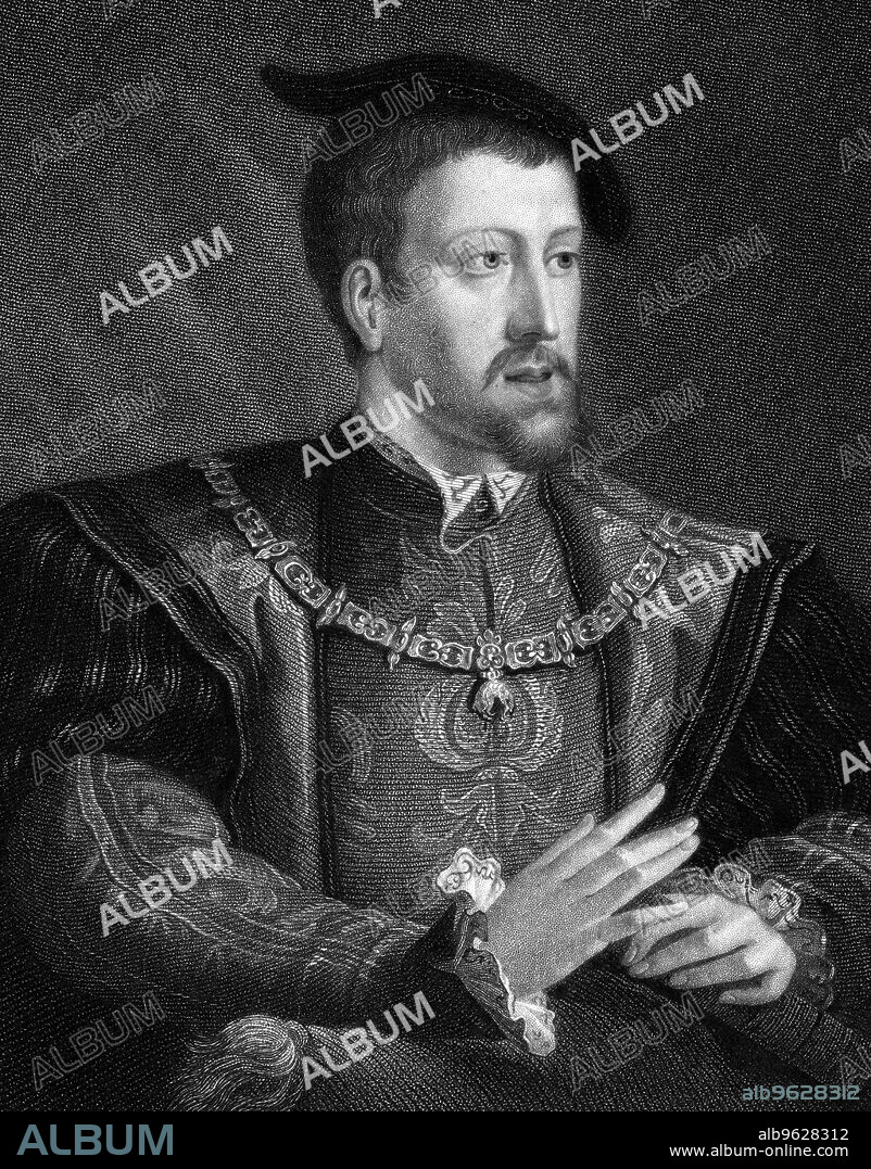 ANON. Charles V (1500-1553) Holy Roman Emperor from 1519, 1835. Charles (1500-1558) depicted wearing the chain of the Order of the Golden Fleece. He was the founder of the Habsburg dynasty.