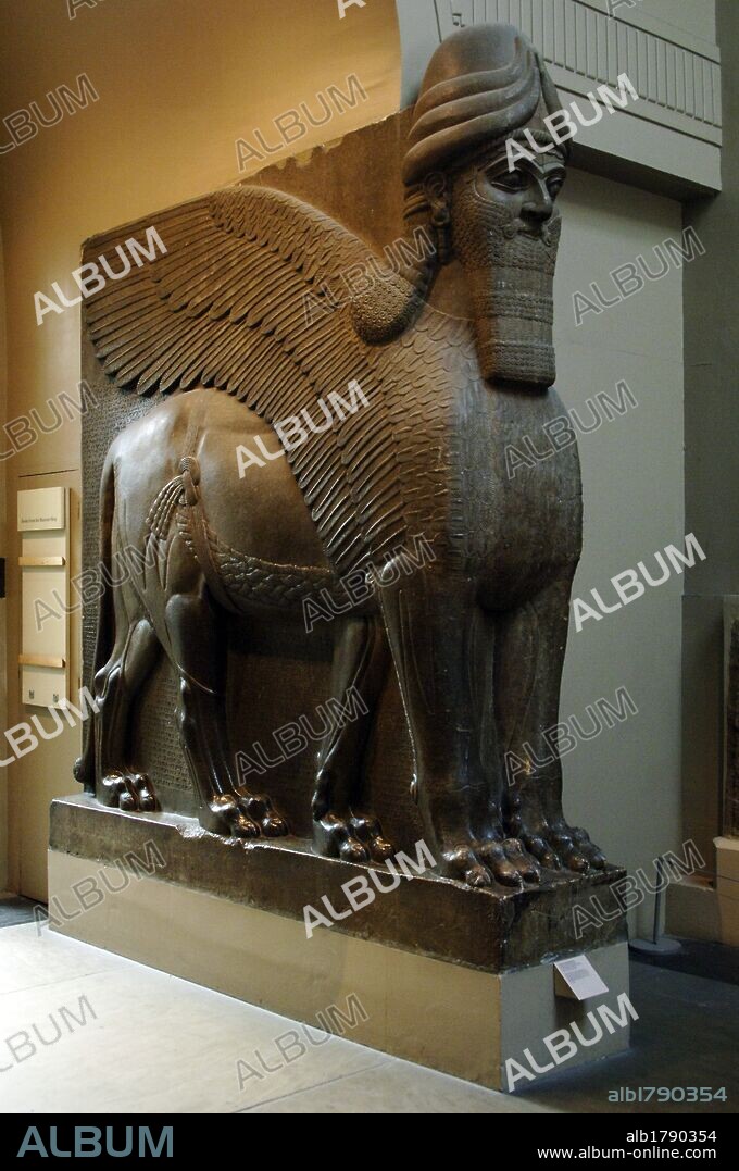 Colossal statue of a winged lion with a human face. 865-860 BC. From Northwest Palace of Ashurnasirpal II. Nimrud. British Museum. London. United Kingdom.