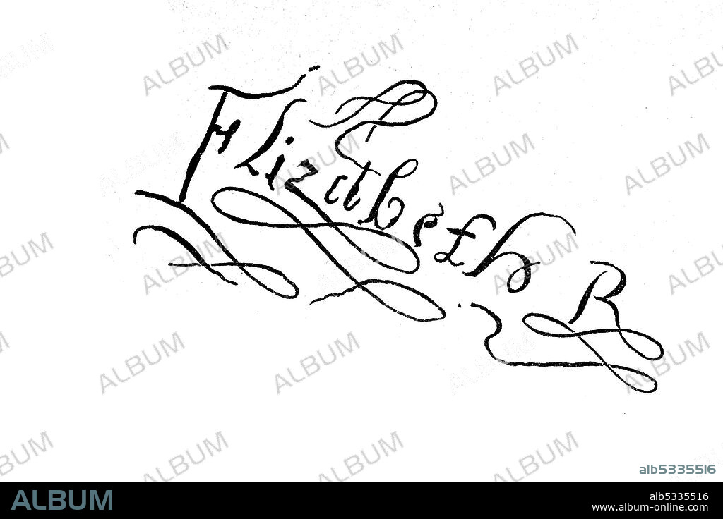 Signature, handwriting of Elizabeth, Queen of England  /  Unterschrift, Handschrift von Elisabeth, Königin von England, Historisch, historical, digital improved reproduction of an original from the 19th century / digitale Reproduktion einer Originalvorlage aus dem 19. Jahrhundert,.