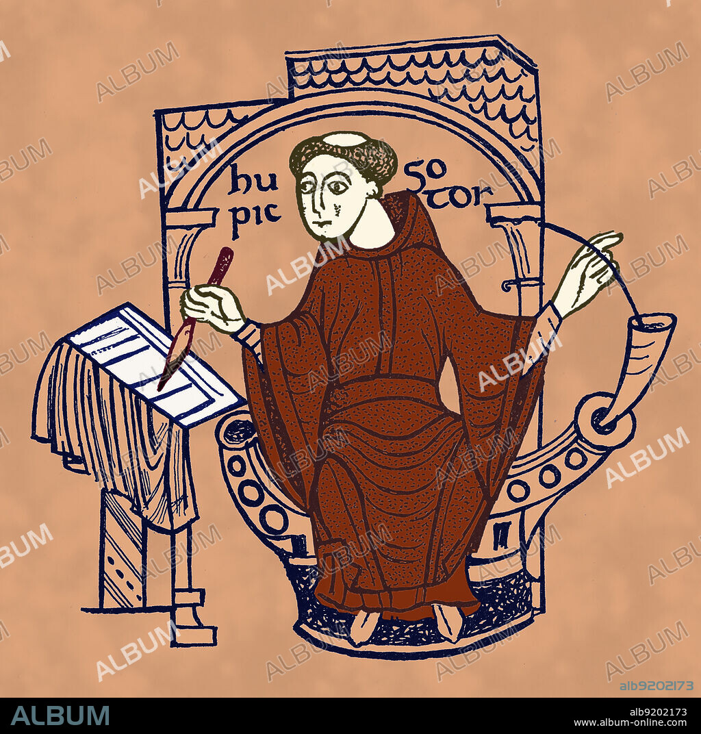 Medieval monk and scribe dipping his quill into an inkhorn and writing with a brush. Hugo pictor: self-portrait of a scribe and illuminator, placed as colophon at the end of a manuscript of St. Jerome's Commentary on Isaiah. 11th century.