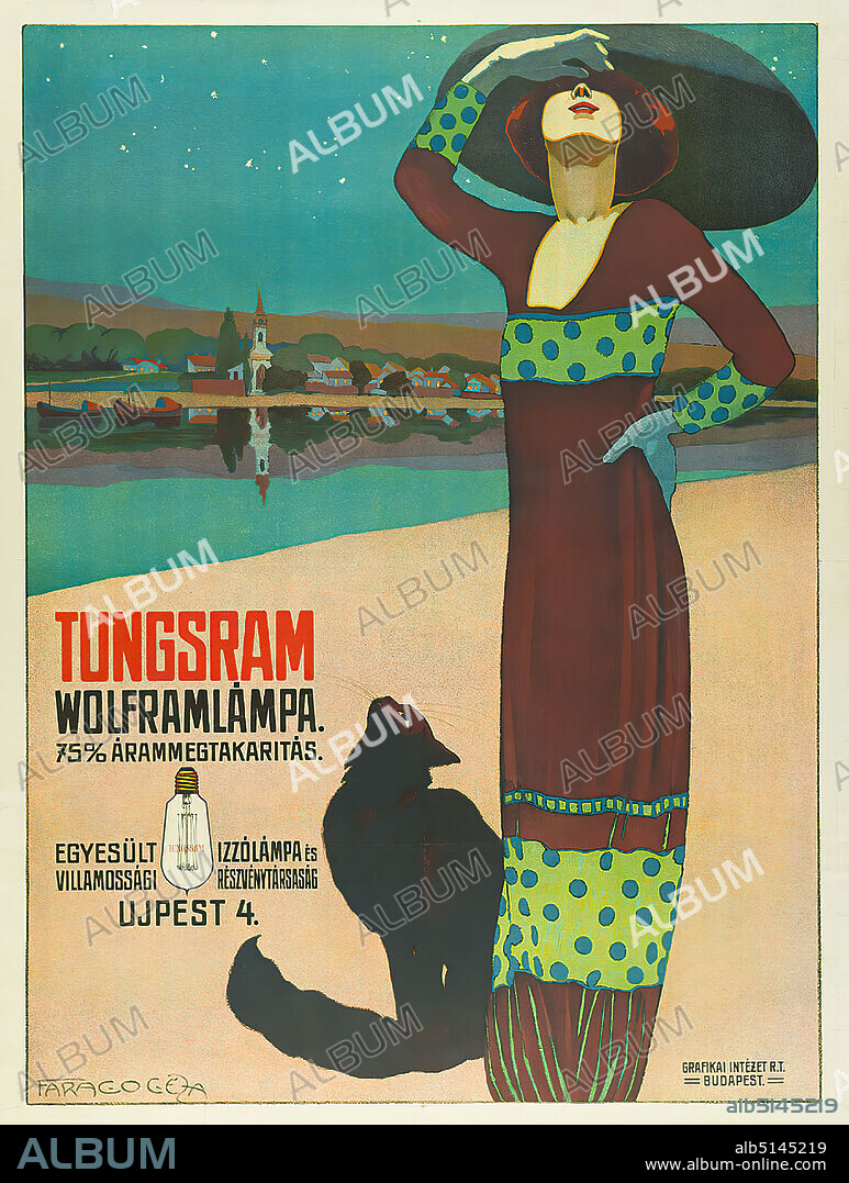 Grafikai Intézet R.T, Géza Faragó, Tungsram Wolframlámpa, lithography, total: height: 125 cm; width: 95 cm, signed: bottom left in the printing form: FARAGÓ GÈZA, product and business advertising (posters), woman, cat, light bulb, city, city view (veduta), night, sky, firmament, celestial body, electricity and magnetism, light, standing figure, advertising, advertisement.