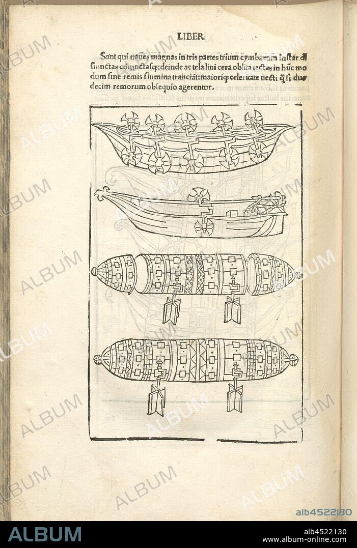 Ships with wheel drive, Medieval Warfare, Military Equipment, Canoes, Ships and Floats with Wheel Drive Bridges, Crossing Water, Woodcut, p. 418, (Liber undecimus), 1483, Roberto Valturio: [De re militari]. Verona: [Boninus de Boninis], [1483].