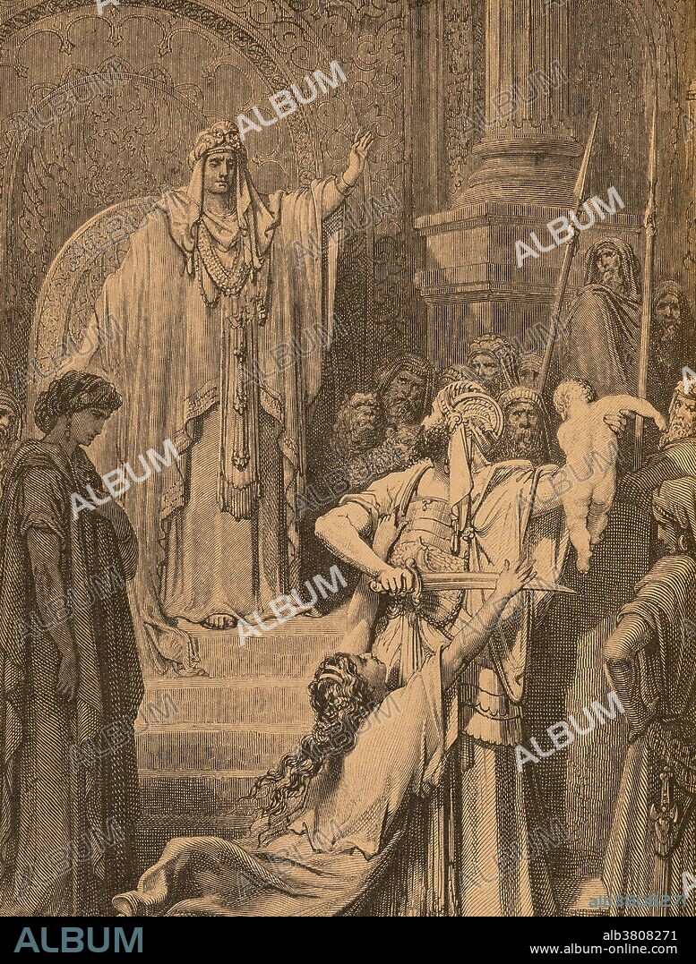 The Judgment of Solomon is a story from the Hebrew Bible in which King Solomon ruled between two women both claiming to be the mother of a child. He tricked the parties into revealing their true feelings by using a fallacious appeal to moderation. Some consider it an archetypal example of an impartial judge displaying wisdom in making a ruling. Solomon was a wealthy and wise king of Israel who succeeded his father, King David. The conventional dates of Solomon's reign are 970 to 931 BC. No artist credited, undated.