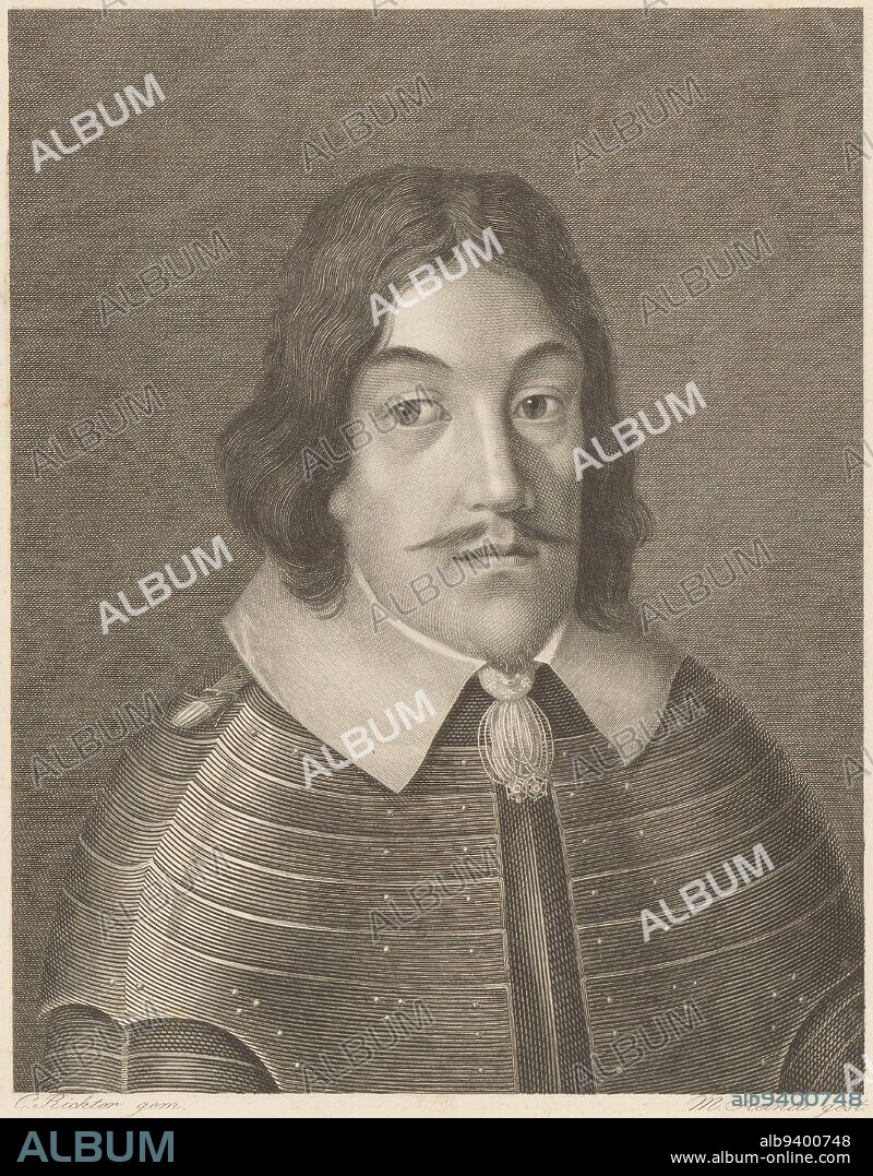 Portrait of Bernhard, Duke of Saxe-Weimar, Moritz Steinla, after Christian Richter (I), 1801 - 1858, print maker: Moritz Steinla, (mentioned on object), after: Christian Richter (I), (mentioned on object), Germany, 1801 - 1858, paper, etching, engraving, h 258 mm - w 190 mm.