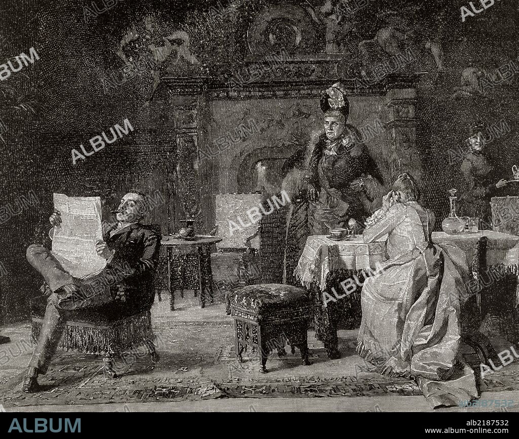 Familia burguesa en el salón. Grabado del año 1887.