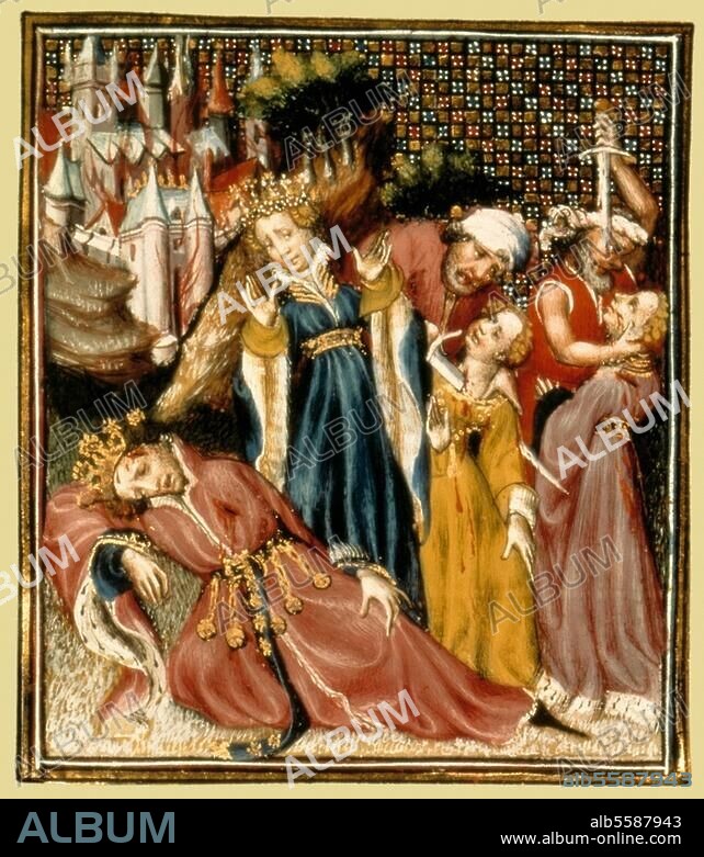 ANONYMOUS. Mythology / Hecuba Book illumination, French, 15th century. Hecuba with the body of her husband Priamus. From: Le livre des femmes nobles et renommees que fit Jehan Boccace (..). (French translation of "Opus de claris mulieribus" by Giovanni Boccaccio). Paris, Bibliothèque Nationale.