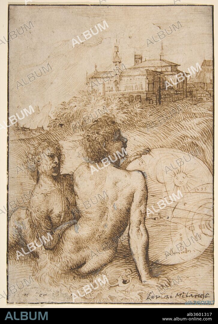 Two Satyrs in a Landscape. Artist: Titian (Tiziano Vecellio) (Italian, Pieve di Cadore ca. 1485/90?-1576 Venice). Dimensions: 8-1/2 x 5-15/16 in.  (21.6 x 15.1 cm). Date: ca. 1505-10.
Form and expression are brought here into full harmony to create one of the great and rare examples of Venetian Renaissance drawing. Only 35 to 40 drawings attributable to Titian are extant, although he was a tirelessly prolific painter. This famous drawing belongs to an early moment in Titian's work, not far removed from that of the Concert Champêtre (Musée du Louvre, Paris), which was painted around 1509. The concern for rendering both, the spirit and the physical form, of landscape is central to this great period of Venetian art. Titian's use of the pen-and-ink technique is exquisitely pictorial, with varied and freely applied strokes and small dabs of luminous white gouache, lending movement, texture, and tonal unity to the scene. His superb mastery of the pen is everywhere apparent, from the foreground figures built with broadly sculptural effects of chiaroscuro, to the background landscape in which the forms of architecture and nature ineffably dissolve in the distant haze of the horizon. The poetic quality of the drawing is achieved through this subtlety of technique and a certain elusiveness of mood. The two satyrs are entwined, but look away into the distance beyond the astrological disk prominently displayed at the right. 
(Carmen C. Bambach, 2014).