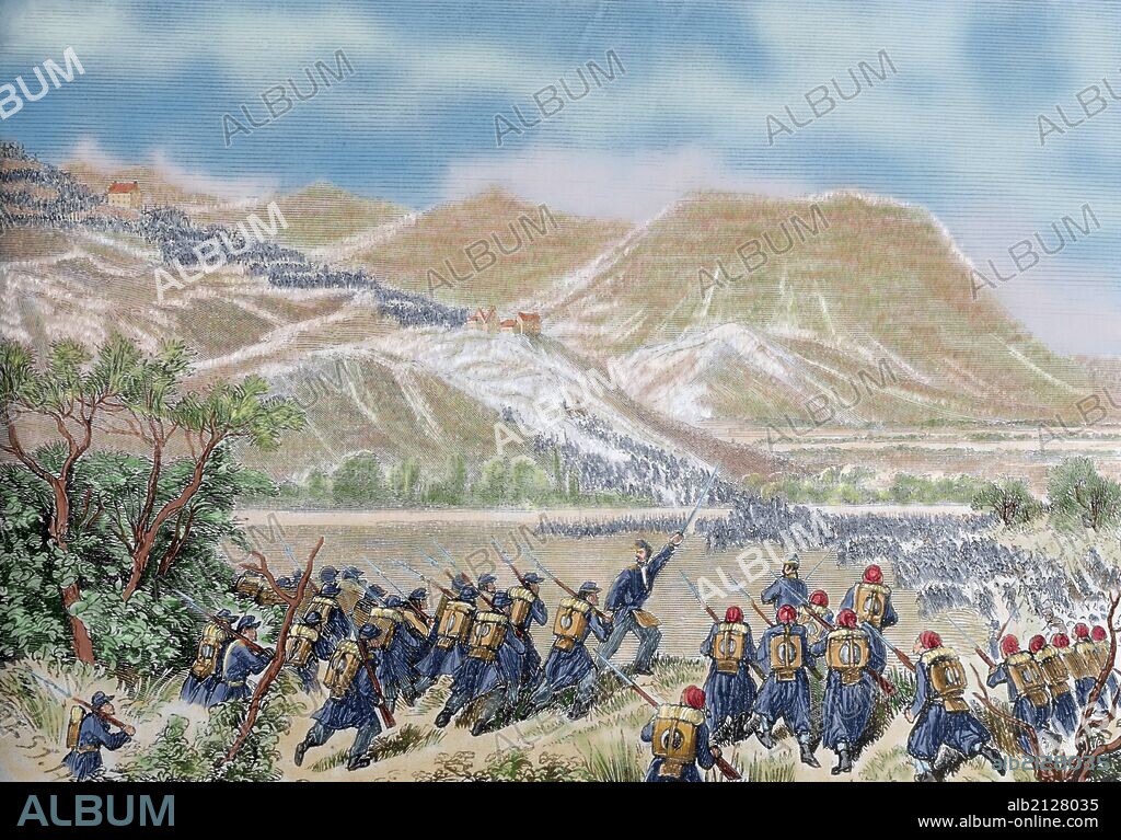 Italian unification (1859-1924). Castelfidardo battle. Papal troops were defeated. Engraving. "L'Illustration" (1860). Colored.