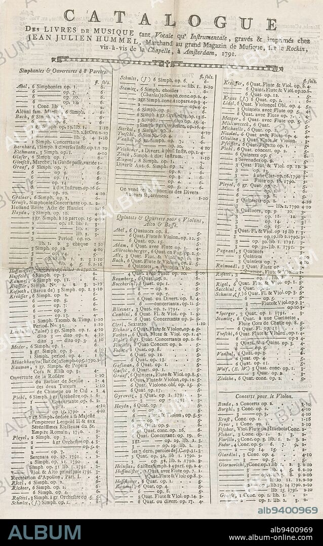 Catalogue of sheet music available at Jean Julien Hummel in Amsterdam, Catalogue des livres de musique tant vocale qu' instrumentale (title on object), publisher: Jean Julien Hummel, Amsterdam, 1781, paper, letterpress printing, height 395 mm × width 250 mm.