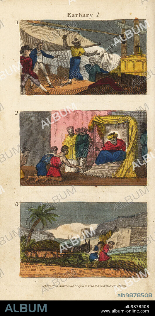 Barbary corsair pirates boarding a ship 1, audience with the Emperor of Morocco 2, and Christian enslaved persons harnessed to a wagon 3. Handcoloured copperplate engraving from Rev. Isaac Taylors Scenes in Africa for the Amusement and Instruction of Little Tarry-at-Home Travelers, Harris and Son, London, 1820.