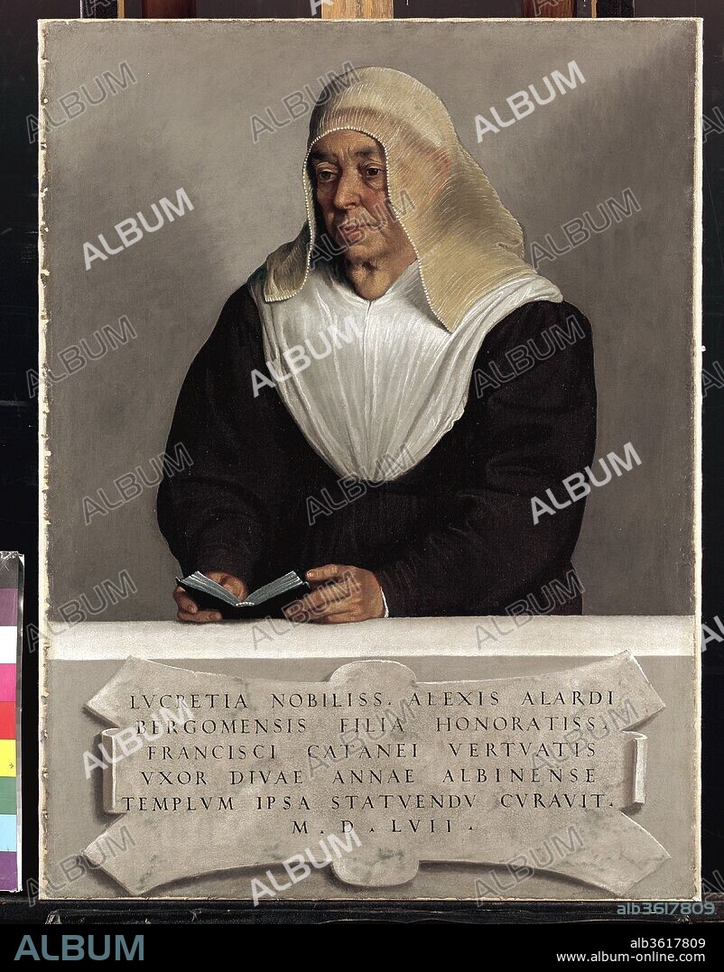 Abbess Lucrezia Agliardi Vertova (1490?-1558). Artist: Giovanni Battista Moroni (Italian, Albino, no later than 1524-1578 Albino). Dimensions: 36 x 27 in. (91.4 x 68.6 cm). Date: 1557.
As the Latin inscription tells us, Abbess Lucrezia Agliardi Vertova founded the Carmelite convent of Saint Anne at Albino, outside Bergamo. This remarkably unidealized portrait of the widowed abbess hung there for centuries. Moroni was so famous for the naturalism of his portraits that the Venetian artist Titian singled him out for that quality, and his paintings were an important ingredient in the training that Caravaggio received while he lived in Lombardy.