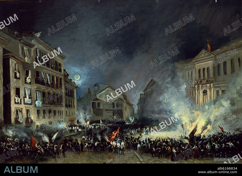 EUGENIO LUCAS VELAZQUEZ. EPISODIO DE LA REVOLUCION DEL 17-7-1854 EN LA PUERTA DEL SOL - QUEMA DE BANDERAS- 68x99 - S XIX - ROMANTICISMO ESPAÑOL.