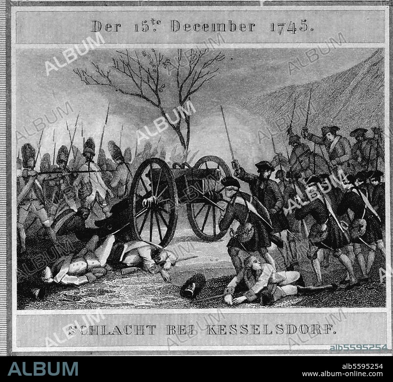 2. Schlesischer Krieg 1744-45 / Schlacht bei Kesselsdorf 15. Dez. 1745 (Preußen unter Leopold v. Dessau siegt über Sachsen unter Rutowski). "Schlacht bei Kesselsdorf". Rahmenzeichnung des Stahlstichs "Friedrich der Große (...) bei Leuthen" von Karl Deucker (1801-63) nach Zeichnung von Karl Friedr. Schulz (1796-1866). Berlin, Sammlung Archiv für Kunst und Geschichte.