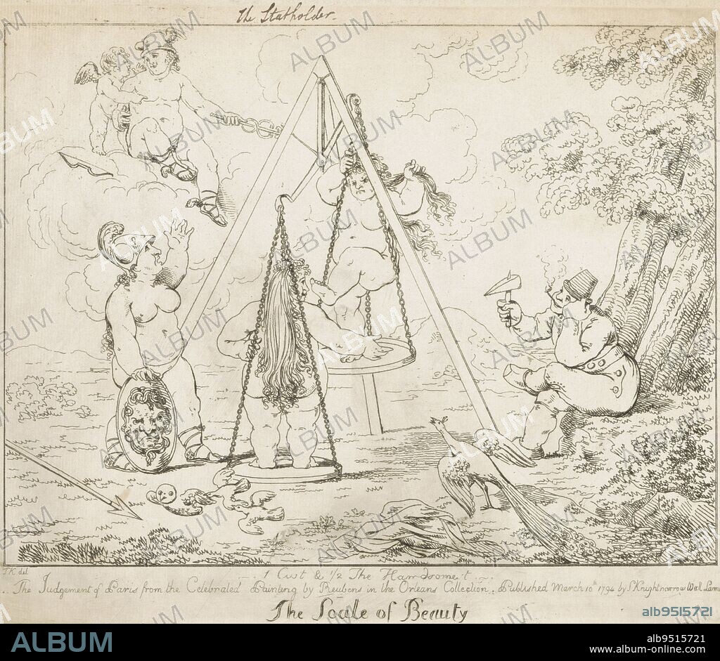 Cartoon based on the painting of the Judgment of Paris by Rubens. Two naked heavy women (Venus and Juno) stand on the scales of a balance, a third (Minerva) looks on. In the clouds Mercury, on the right a fat Dutchman with a piece of cheese pinned to a knife as Paris. Inscribed at the top is 'the Statholder', suggesting that the print has a political significance associated with Stadholder William V. Beauty in the Scales, 1794 The scale of Beauty., print maker: anonymous, intermediary draughtsman: Monogrammist TK, (mentioned on object), publisher: Samuel Knight, (mentioned on object), print maker: England, publisher: London, 10-Mar-1794, paper, etching, h 228 mm × w 305 mm.