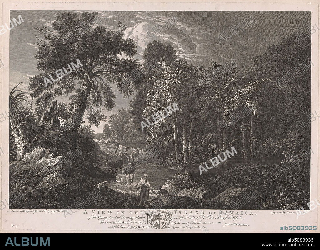 A View in the Island of Jamaica, of the Spring-head of Roaring River on the Estate of William Beckford Esq.r, Print made by James Mason, 17101783, British, after drawings by George Robertson, 17491788, British, Published by John Boydell, 17201804, British, 1778, Line engraving on medium, moderately textured, cream wove paper, Sheet: 18 1/2 × 22 1/4 inches (47 × 56.5 cm), Plate: 15 3/4 × 21 7/8 inches (40 × 55.5 cm), and Image: 13 3/4 × 20 7/8 inches (35 × 53 cm).