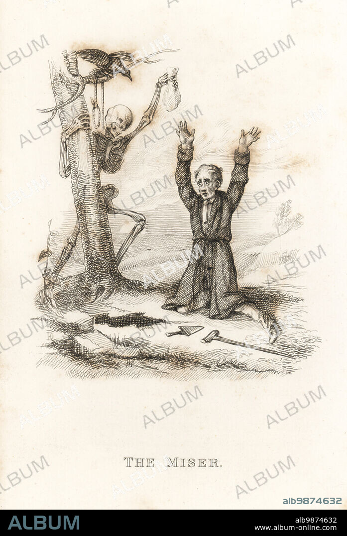 The skeleton of Death and the miser. The skeleton holds up a bag of stolen gold as the miser holds up his hands at the loss of his treasure. A noose hangs from the tree, and a trowel and crutch lie on the ground. Illustration drawn and engraved on steel by Richard Dagley from his own Deaths Doings, Consisting of Numerous Original Compositions in Verse and Prose, J. Andrews, London, 1827. Dagley (1761-1841) was an English painter, illustrator and engraver.