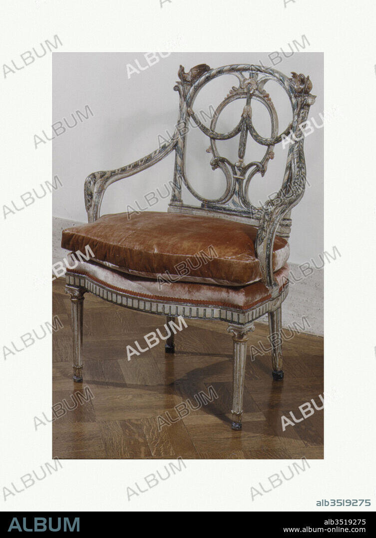 Armchair (part of a set), ca. 1780, Italian, Venice, Walnut, polychromed; velvet, Overall: 35 5/8 × 24 1/2 in. (90.5 × 62.2 cm), Woodwork-Furniture, These chairs are from a large set comprising at least two settees and twelve armchairs. The conceit of birds upholding the swags on the back contributes to the light and playful qualities of the design.