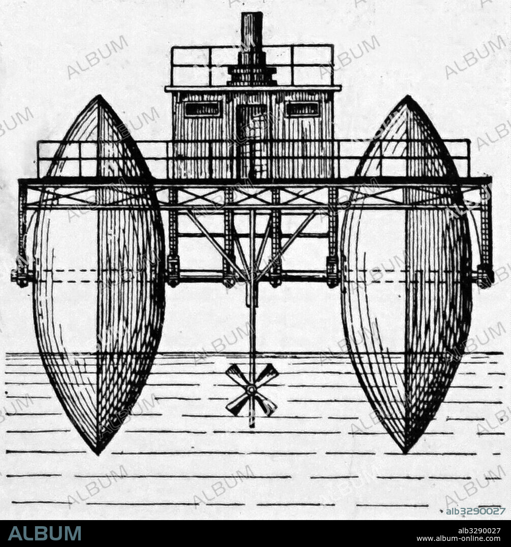 Engraving of the end elevation of roller boat by Ernest Bazin. Dated 19th Century.
