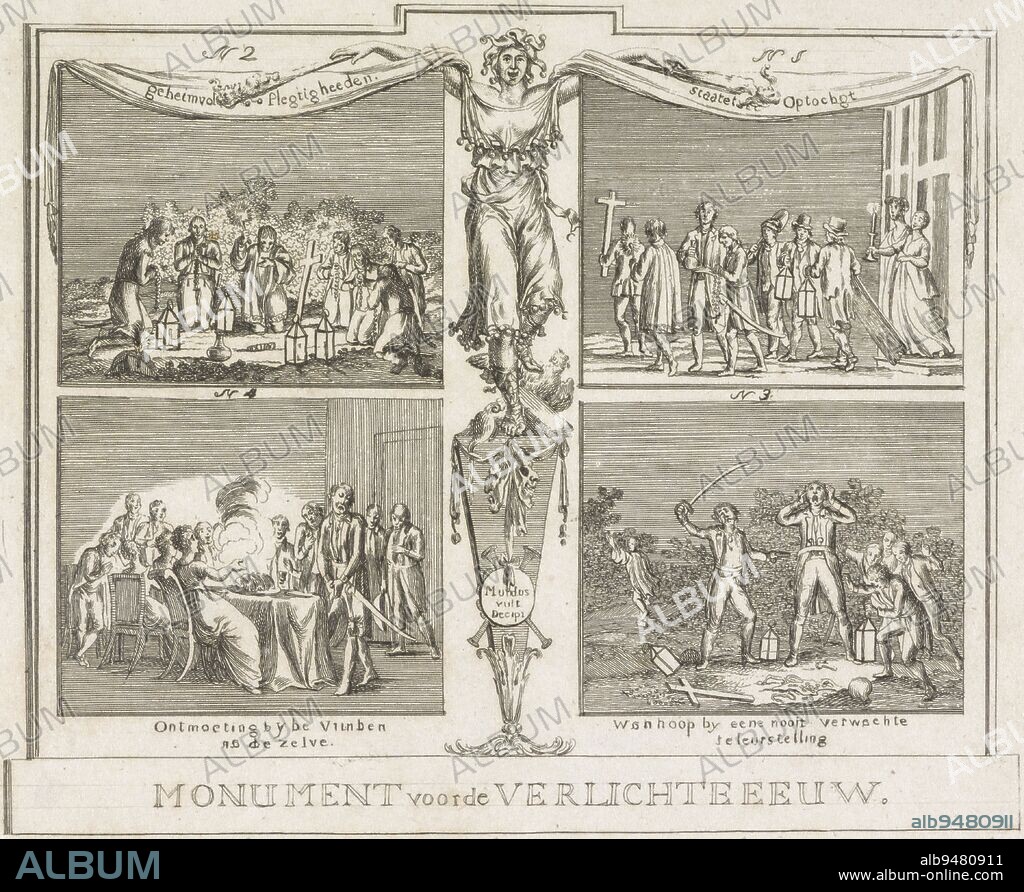 Cartoon on the deceit of the superstitious Catholic lieutenant-colonel Dirk Cornelis van der Meulen by a German swindler, in Muiden in the night of 12 to 13 August 1800. The story of the deceit is shown in four numbered performances. 1: the company on the road with candles and crucifix to dig up the hidden treasure. 2: the members of the company pray kneeling on the ground. 3: the searchers are disappointed while the swindler makes off with the money. 4: return of the deceived company. In the middle a smiling female figure, Deception of D.C. van der Meulen, 1800 Monument to the Enlightened Century., print maker: anonymous, Netherlands, 1800, paper, etching, h 179 mm × w 220 mm.