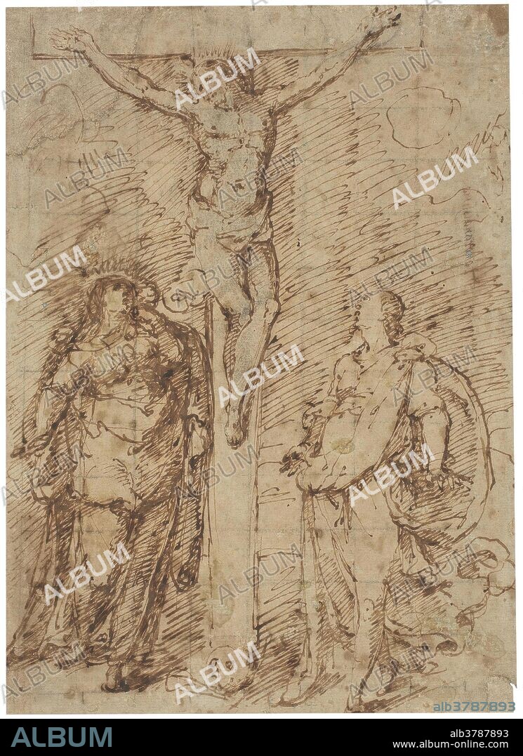 Tiburzio Passerotti (Atribuido a) / 'Cristo en la Cruz con la Virgen y San Juan'. Finales del siglo XVI - Principio del siglo XVII. Lápiz, Pluma, Tinta parda sobre papel amarillento, 270 x 195 mm.