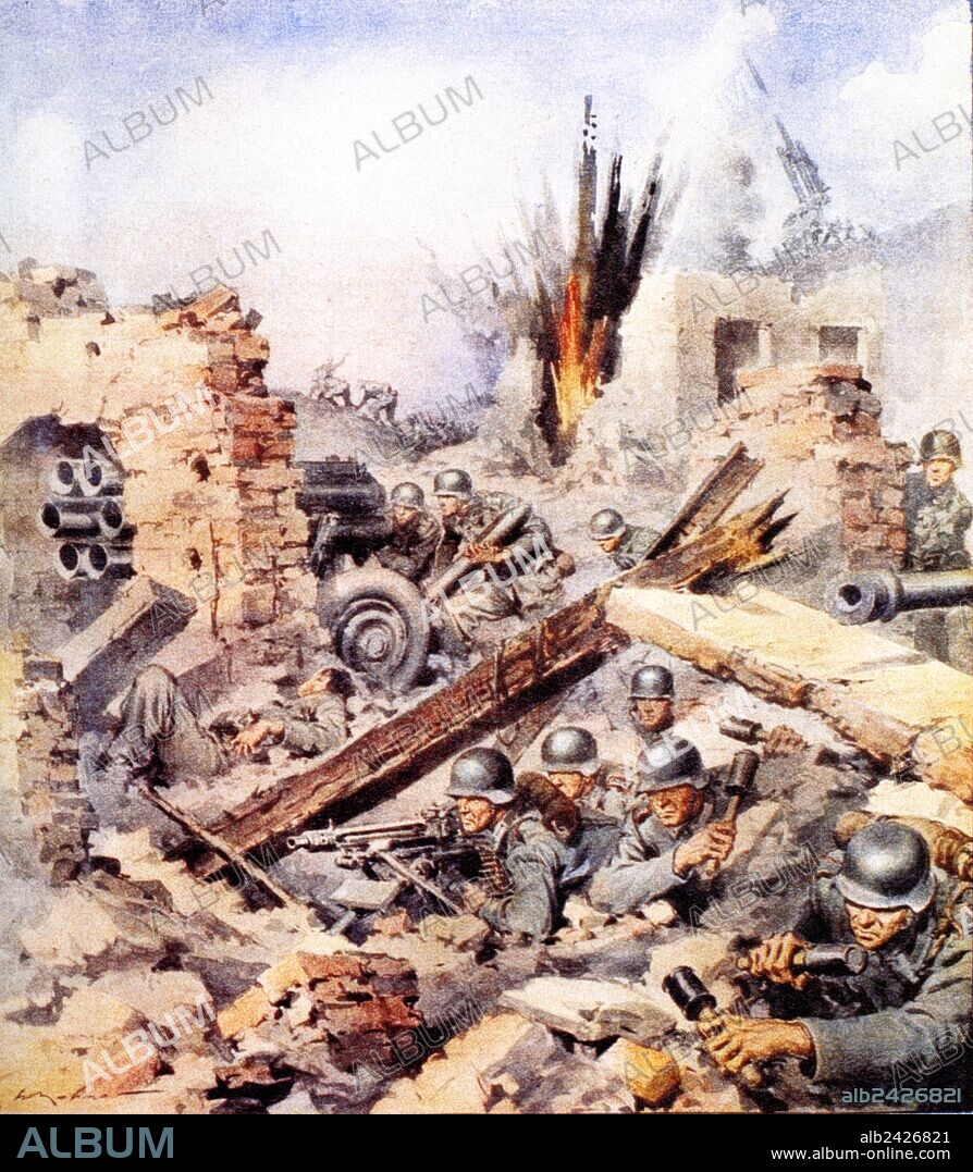 Second World War-Italian Campaign Montecassino-1944 The Battle for Cassino on an illustration of the newspaper La Domenica del Corriere April 2, 1944. German infantry entrenched in the rubble armed with machine guns, hand grenades and a rocket launcher type Nelbelwefer fighting against the Allies.