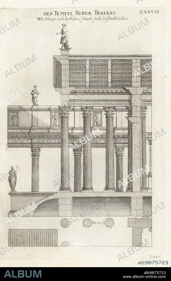 Elevation and plan of the Temple of Minerva, Rome. Showing the Corinthian colonnade, Forum of Nerva. Destroyed in 1606, only La Colonnacce survive. Der Tempel Nervae Trajani. Copied from Andrea Palladio's Four Books of Architecture. Copperplate engraving by Johann Franck from Joachim von Sandrarts LAcademia Todesca, della Architectura, Scultura & Pittura, oder Teutsche Academie, der Edlen Bau- Bild- und Mahlerey-Kunste, German Academy of Architecture, Sculpture and Painting, Jacob von Sandrart, Nuremberg, 1675.