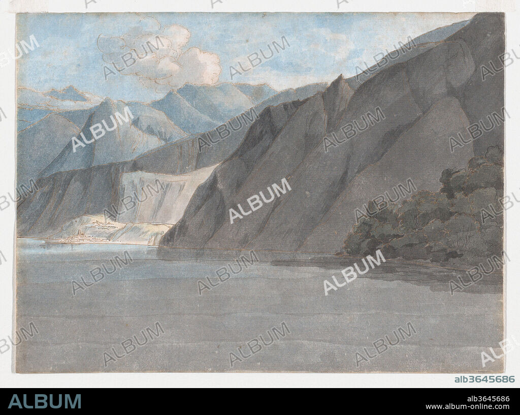 View of Lake Como with Monte Leoni. Artist: Francis Towne (British, Isleworth, Middlesex 1739-1816 Exeter). Dimensions: Sheet: 6 1/8 × 8 1/4 in. (15.6 × 21 cm). Date: August 27, 1781.
Towne belongs to a small group of British artists who worked in Italy in the latter 18th century, and stimulated one another to experiment in ways that proved foundational to the development of English watercolor practice. This drawing shows a gray cliff plunging into the lake at right, a sunlit shoreline beyond backed by mountains, with the distant peak of Mount Leoni largely obscured by clouds. The artist made a series of drawings from a boat, here leaving fingerprints in the pigment at lower center. He had departed Exeter in late summer 1780, spent nearly a year around Rome and  Naples, then headed home via the Italian lakes and Switzerland. Other sheets from the sketchbook that contained this drawing are at Tate Britain and the Yale Center for British Art.