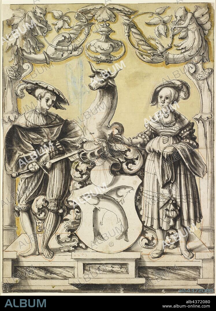 Slice tear with a coat of arms with crossed fish, 1529, feather in black, gray wash, kl., Supplements with feather in dark brown, background tinted yellow, lead lines with red chalk, mounted, sheet: 43.7 x 32.1 cm, U. l., monogrammed: NMD [lig.], next dagger with bow, u, ., Dated: 1529, color, Anonym, Schweiz, 1. Hälfte 16. Jh., Niklaus Manuel gen. Deutsch, (Kopie nach (?) / copy after (?)), Bern um 1484–1530 Bern.