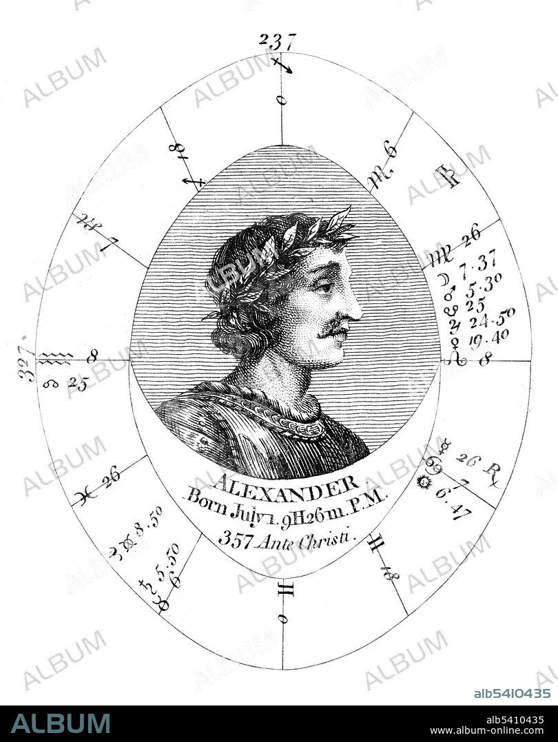 Astrological birth chart for Alexander the Great by Ebenezer Sibly, undated.  Alexander III of Macedon (356-323 BC) was a Greek king. In 334 BC, he invaded Persian-ruled Asia Minor and began a series of campaigns that lasted ten years. Alexander broke the power of Persia in a series of decisive battles, overthrew the Persian King Darius III and conquered the entirety of the Persian Empire. He was undefeated in battle and is considered one of history's most successful commanders. His campaigns greatly increased contacts and trade between East and West, and vast areas to the east were significantly exposed to Greek civilization and influence. In June 323 BC, Alexander died a painful death in the palace of Nebuchadnezzar II, at age 33.
