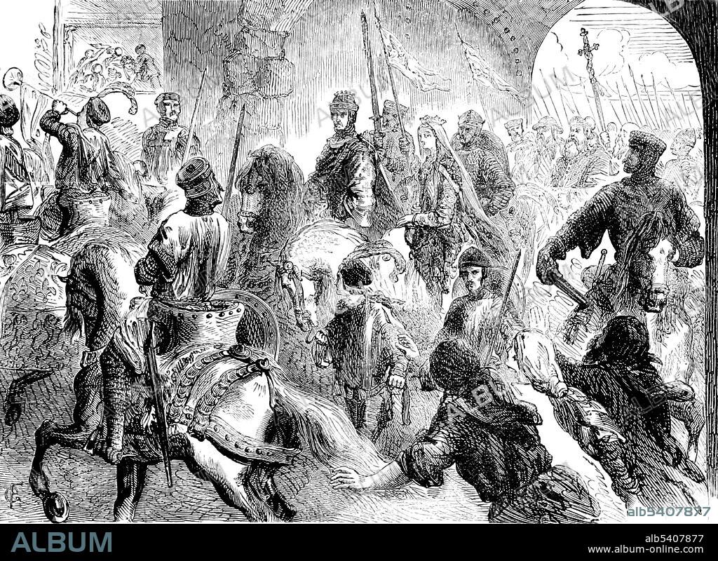 Henry II and Eleanor of Aquitaine arrive at Winchester, 1153. The Treaty of Wallingford was an agreement reached in the summer of 1153, that effectively ended the civil war known as the Anarchy (1135-54), caused by a dispute between Empress Matilda and her cousin Stephen of Blois over the English crown. Stephen announced the treaty in November at Winchester Cathedral: he recognized Henry as his adopted son and successor, in return for Henry doing homage to him; Stephen promised to listen to Henry's advice, but retained all his royal powers. Cassell's Illustrated History of England, 1865 (cropped and cleaned).