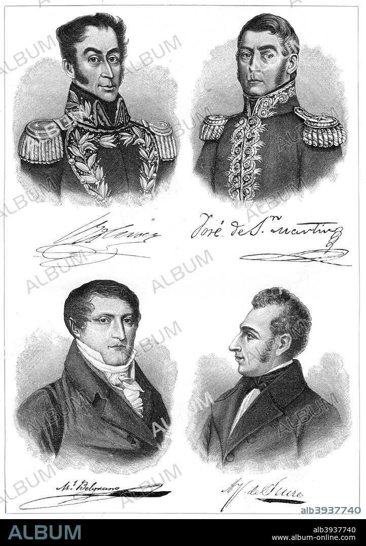 The heroes of South American independence, (1901). Simon Bolivar, Jose de San Martin, Manuel Belgrano, and Antonio Jose de Sucre. A print from The World's History, A Survey of Man's Record, by Dr HF Helmolt, Volume I, William Heinemann, London, 1901.