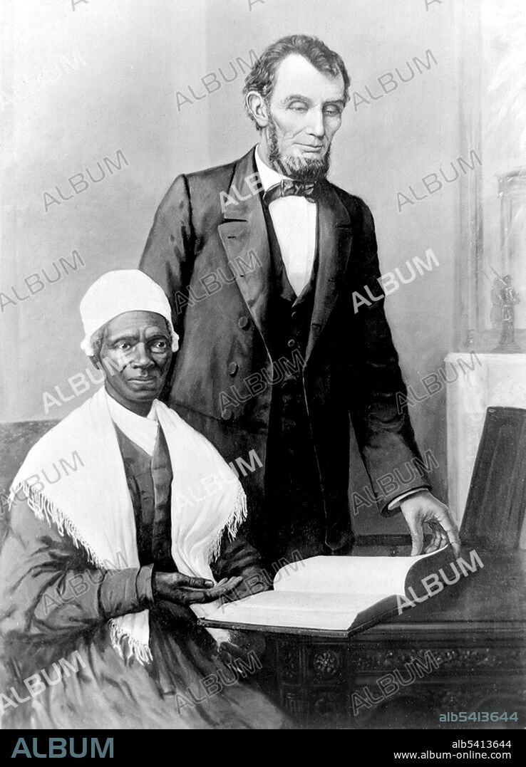President Abraham Lincoln showing Sojourner Truth the Bible presented by colored people of Baltimore, Executive Mansion, Washington, D.C., October 29, 1864. Sojourner Truth (1797 - November 26, 1883) was an African-American abolitionist and women's rights activist. She was born into slavery, but escaped with her infant daughter to freedom. In 1828, she went to court to recover her son and became the first black woman to win such a case against a white man. She gave herself the name Sojourner Truth after she became convinced that God had called her to go into the countryside "testifying the hope that was in her". During the Civil War, she helped recruit black troops for the Union Army. Truth spoke about abolition, women's rights, prison reform, and preached against capital punishment.