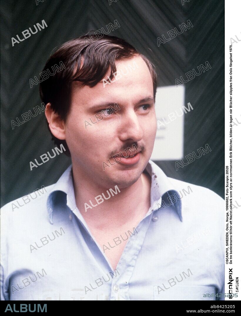 ©SCANPIX, SWEDEN, Oslo, Norge, 19990602, Foto Scanpix 20520. De tre bankrånarna tillhör ett Nazist nätverk som styrs av norrmannen Erik Blücher, bilden är tagen när Blücher släpptes från Oslo fängelset 1979.