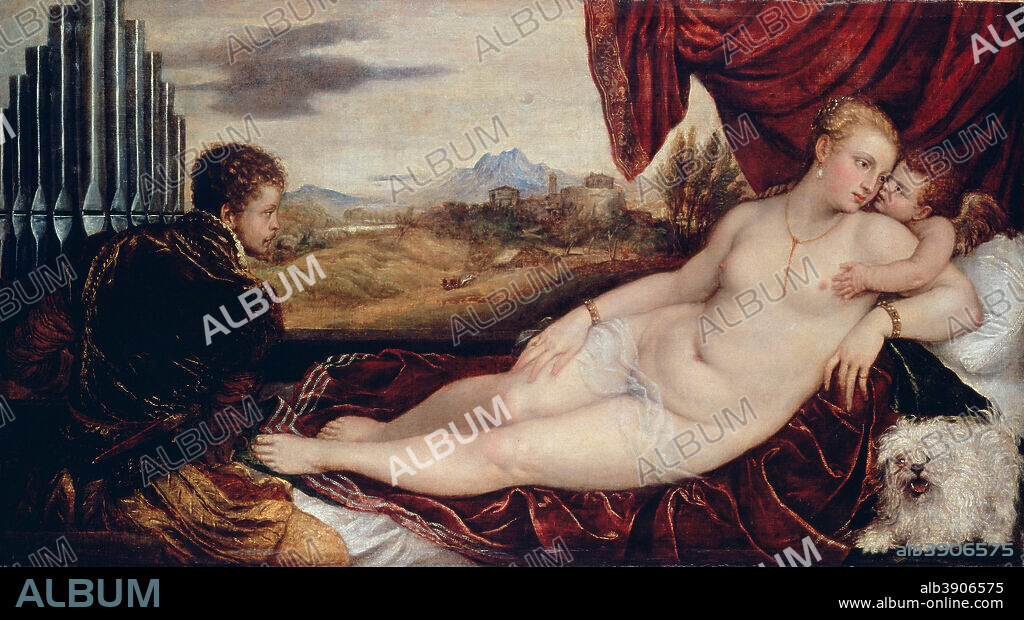 TIZIAN. Venus with the Organ Player. Date/Period: Ca. 1550. Painting. Oil on canvas. Height: 115 cm (45.2 in); Width: 210 cm (82.6 in).