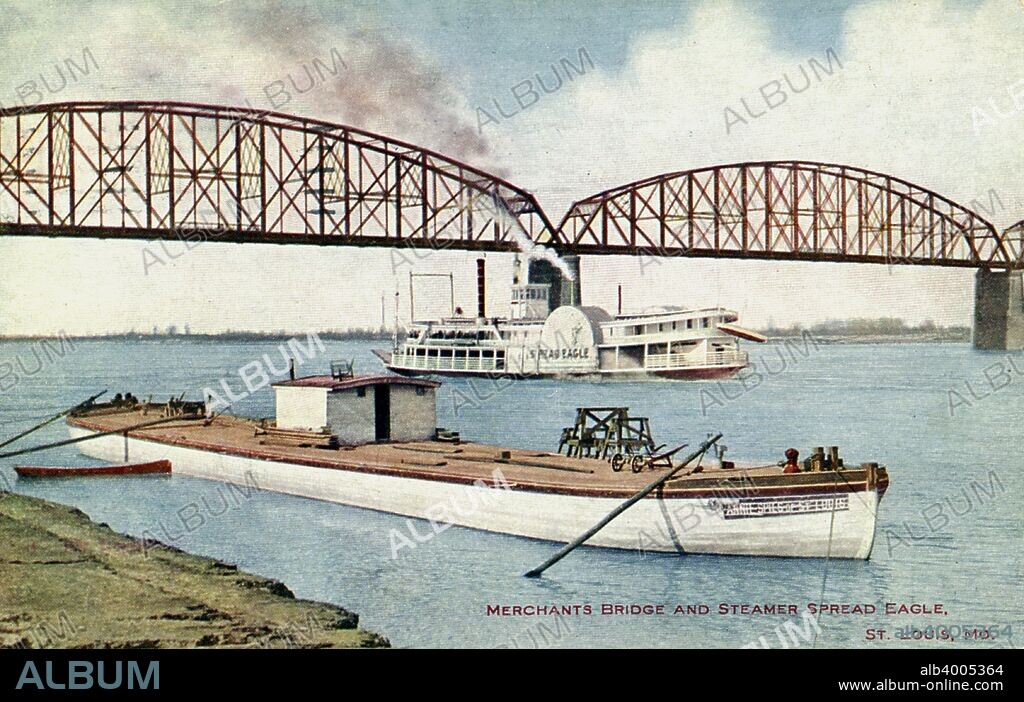 Merchants Bridge and the paddle steamer 'Spread Eagle', St Louis, Missouri, USA, 1908. Vintage postcard. Merchants Bridge is a steel truss railway bridge crossing the Mississippi River that opened in 1889.