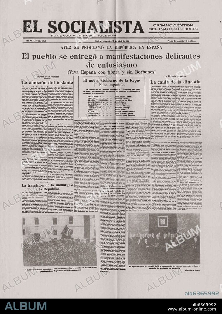 PORTADA DEL PERIODICO EL SOCIALISTA PROCLAMANDO LA REPUBLICA EN ESPAÑA - MIERCOLES 15 DE ABRIL DE 1931 - Nº 6921.