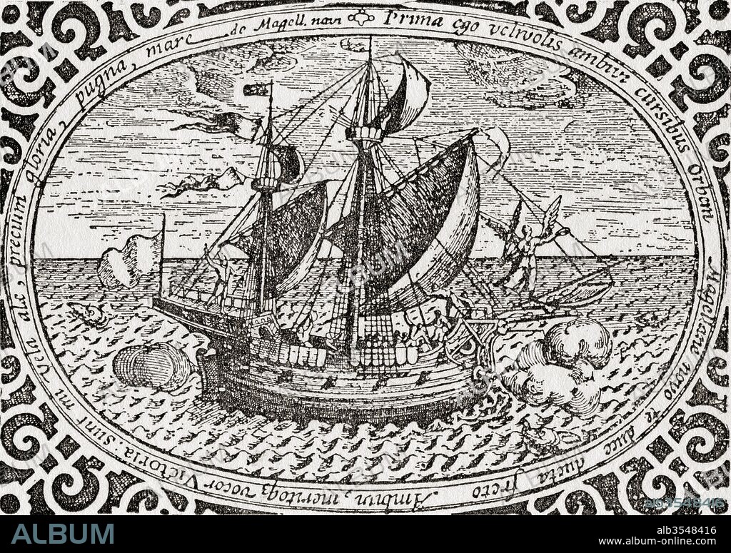 Ferdinand Magellan's ship The Nao Victoria, which took part in the expedition in 1519 to circumnavigate the earth. From The Romance of the Merchant Ship, published 1931.