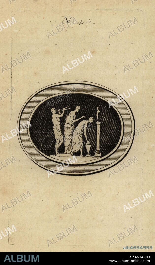 A sacrifice to the god Priapus. A Mystae or Phalliphoria priest plays the tibia flute during an offering to Priapus. Sacrifice au Dieu Priape. Copperplate engraving from Pierre-Francois dHarcanvilles Monumens du Culte Secret des Dames Romaines, Sabellus, Capri (Monuments to the Secret Cult of Roman Women, Leclerc, Nancy) 1780. Based on imaginary Spintria, medals and cameos.
