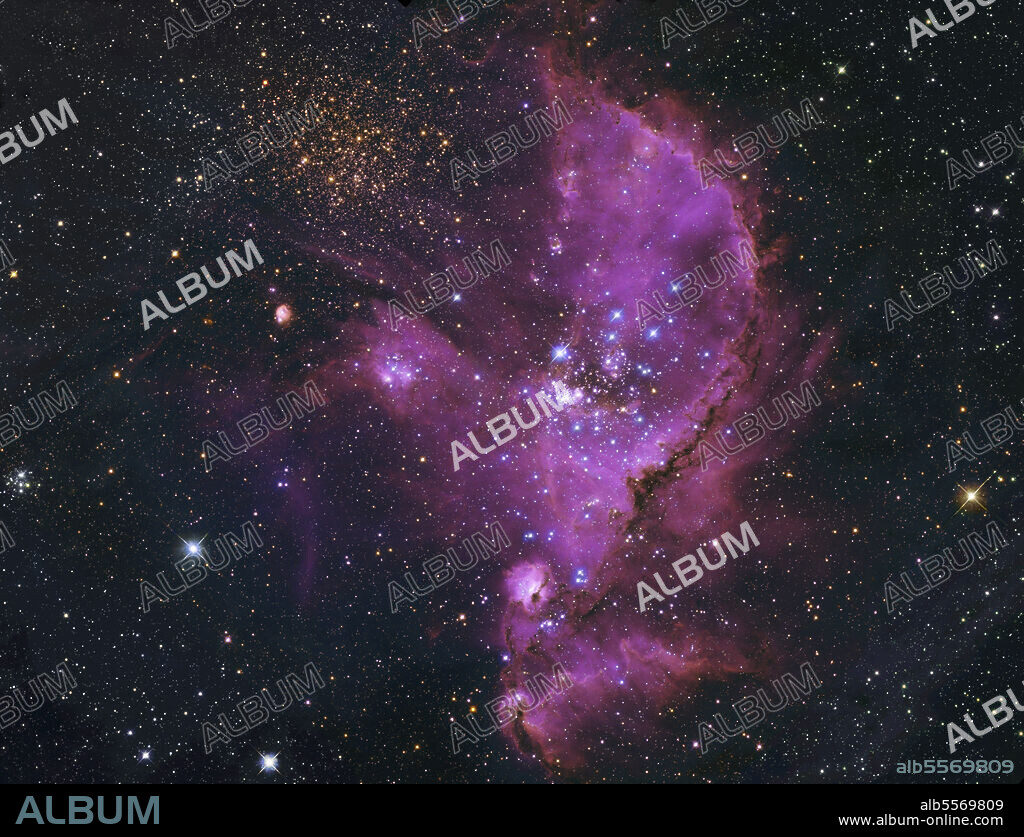 NGC 346, Open Cluster and Nebula Complex in the Small Magellanic Cloud. NGC 346 is the brightest star forming region in the Small Magellanic Cloud, a dwarf satellite galaxy of the Milky Way. NGC 346 represents the open star cluster which illuminates the vast nebula complex known as N66 that spans almost 200 light years across. The stars are young, having formed only a few million years ago.