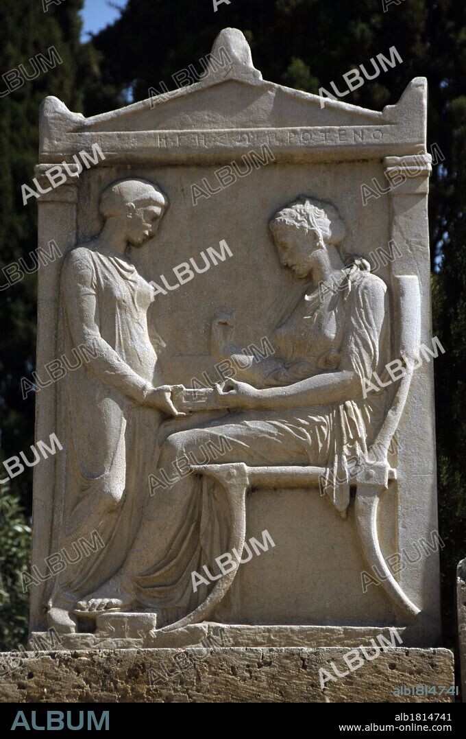 Greece, Athens. Area of Kerameikos (Ceramicus). Replica of the funerary Stele of Hegeso, c. 410-400 BC. The original piece is located at the National Archaeological Museum of Athens.