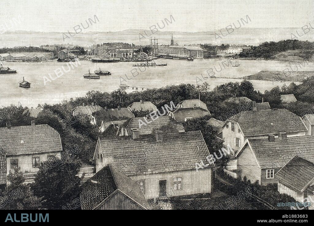 NORUEGA SIGLO XIX. HORTEN. Panorámica de la población y, al fondo, el PUERTO y el ARSENAL DEL ESTADO, en el acto de entrar en el dique la fragata española "Blanca" para reparar su avería. Grabado de "La Ilustración Española y Americana", año 1886.