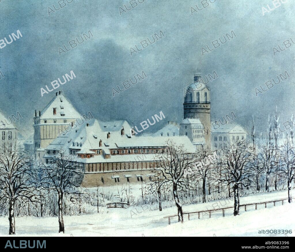 View of Leipzig in the snow : Watercolour by Felix Mendelssohn - German composer , pianist and conductor of the early Romantic period.