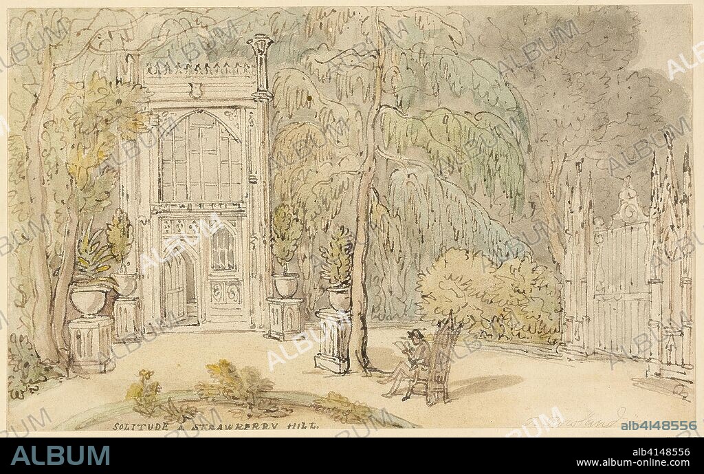 Solitude at Strawberry Hill. Thomas Rowlandson; English, 1756-1827. Date: 1817-1827. Dimensions: 123 × 199 mm. Pen and brown ink, with brush and watercolor, on cream wove paper, laid down on board. Origin: England.