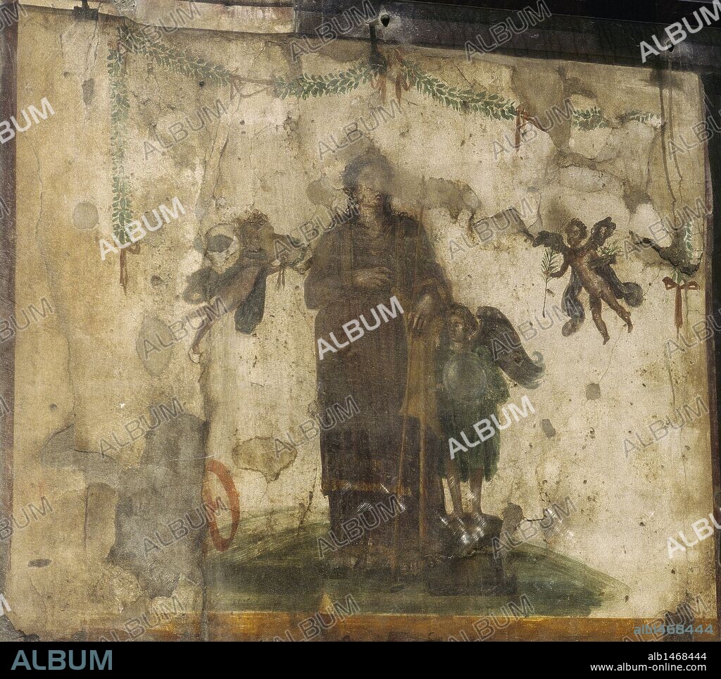 ARTE ROMANO. ITALIA. Detalle de una pintura al fresco, donde se representa a una mujer acompañada de amorcillos o cupidos. En la zona superior, la decoración de una guirnalda. Pintura localizada en el interior de una vivienda de POMPEYA. La Campania.