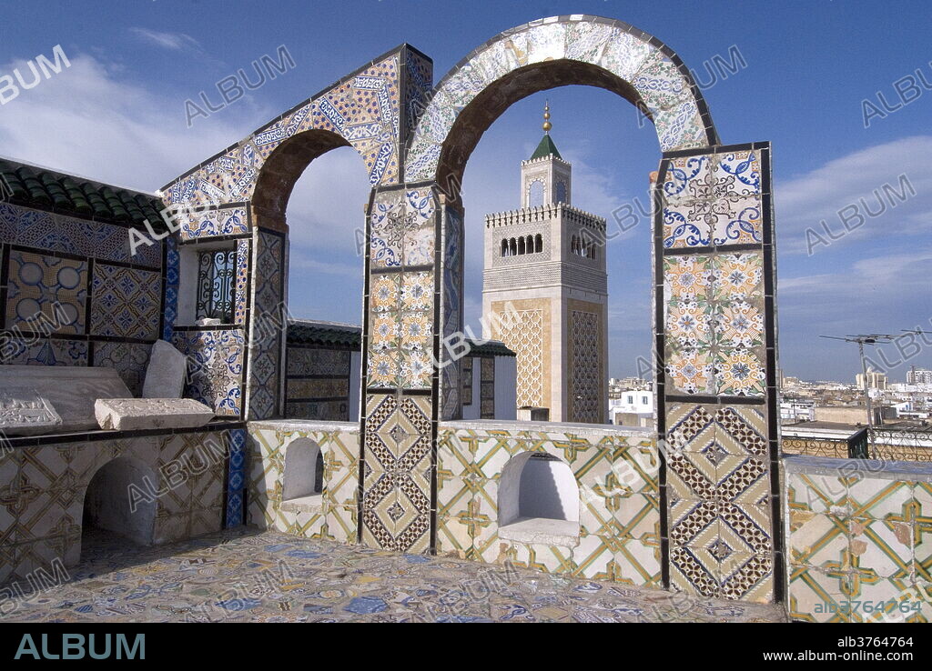 View over the Medina of Tunis and the main mosque, Tunisia, North Africa, Africa.