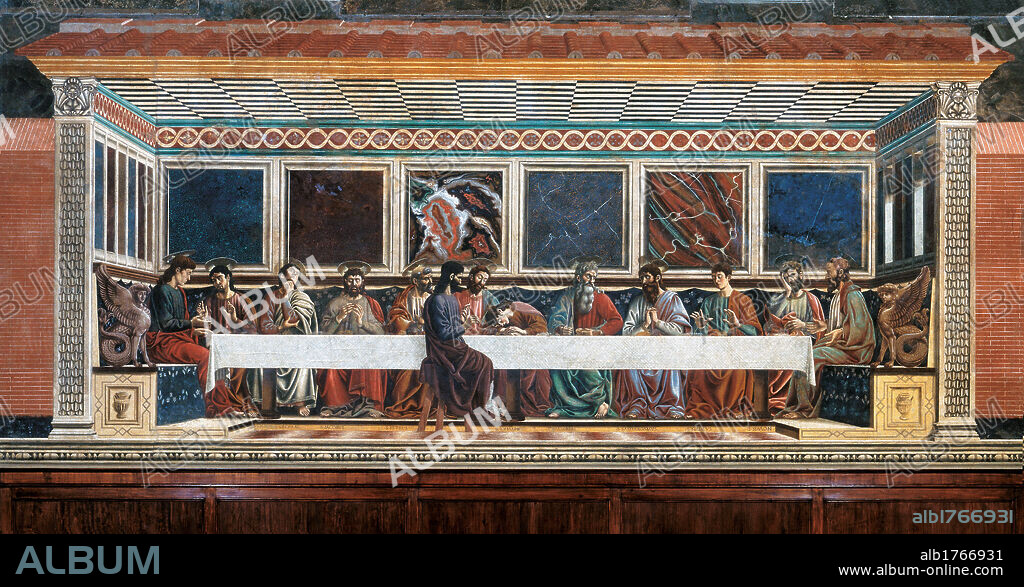 The Last Supper, by Andrea di Bartolo di Simone known as Andrea del Castagno, 1447-1450 about, 15th Century, fresco,. Italy, Tuscany, Florence, former Santa Apollonia Convent, Refectory. All. Last Supper banquet table saints apostles Jesus room decoration. Authorization required for non editorial use.